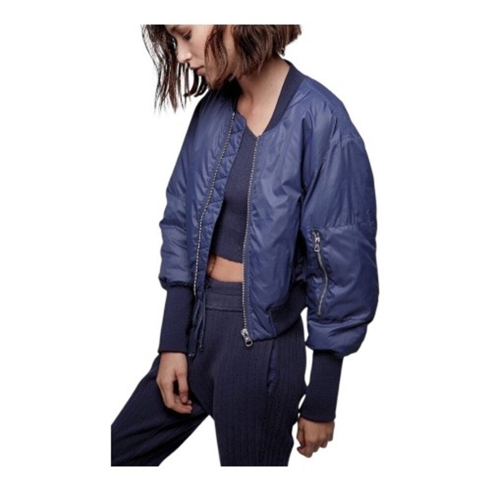 Shinestar - womens medium navy blue cropped bomber jacket